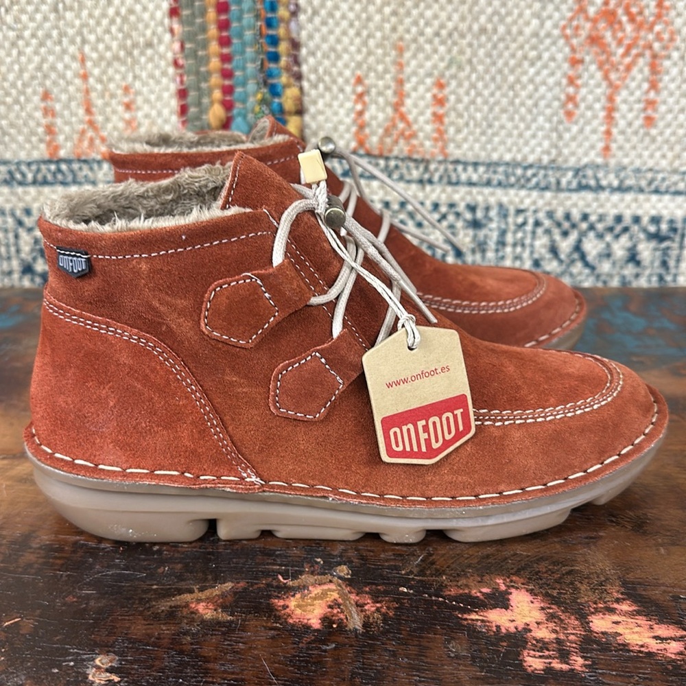ONFOOT “Orsa Boots” in rust suede. New in box from Sundance.